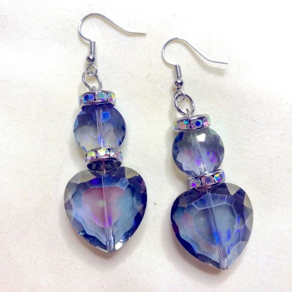 Gray Blue Crystal Heart S925 Silver  Drop Rhinestone Earrings